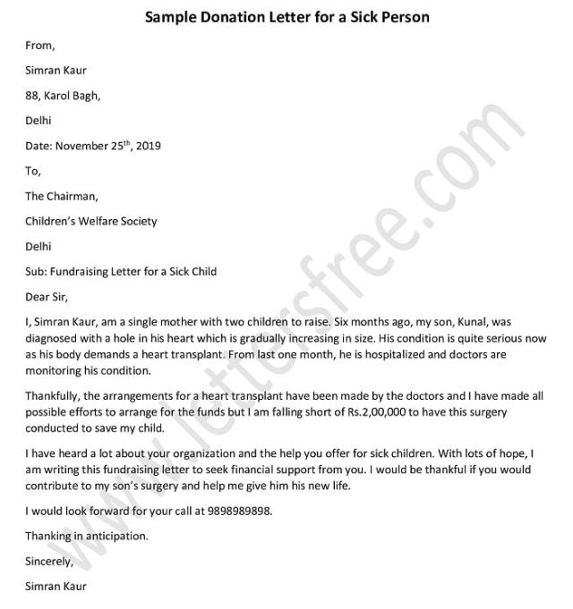 Sample Letter Asking For Donations For Sick Person Free Letters
